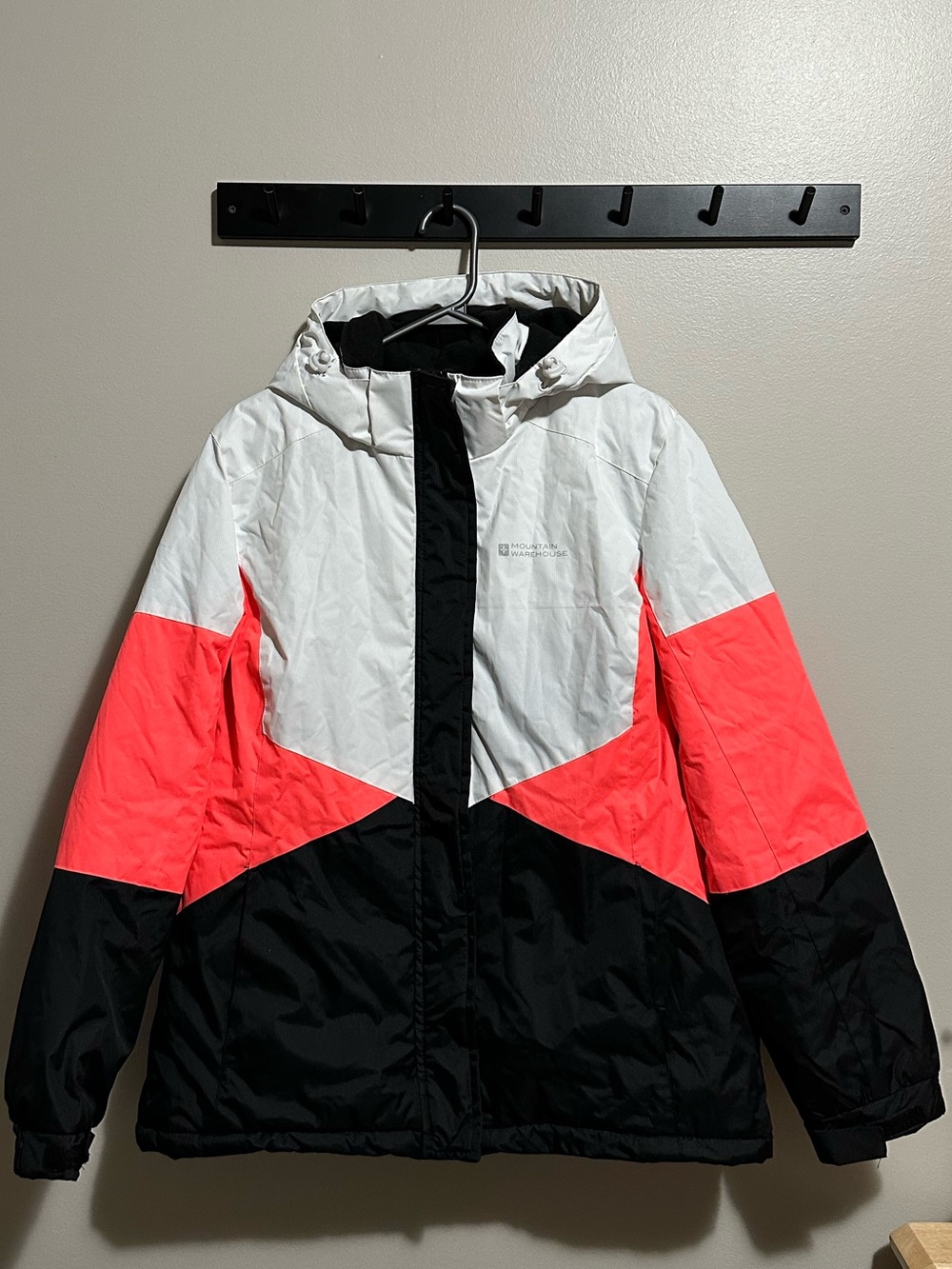 Colorblock Hooded Ski Jacket in White, Black & Coral Pink